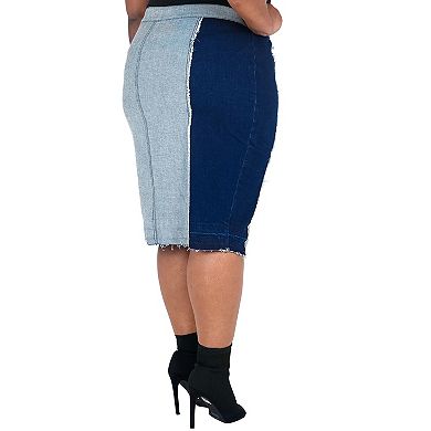Plus Size Juliana High Waisted Button Front Two-Tone Denim Midi Skirt Frayed Hem