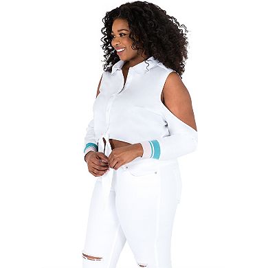 Plus Size Women's Curvy Fit Poplin Tie Front Cold Shoulder Blouse