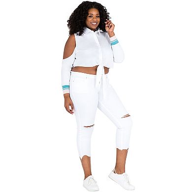 Plus Size Women's Curvy Fit Poplin Tie Front Cold Shoulder Blouse