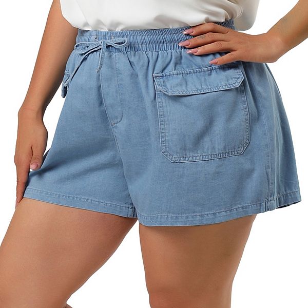 Women's Plus Size Drawstring Elastic Waist Pockets Jean Shorts