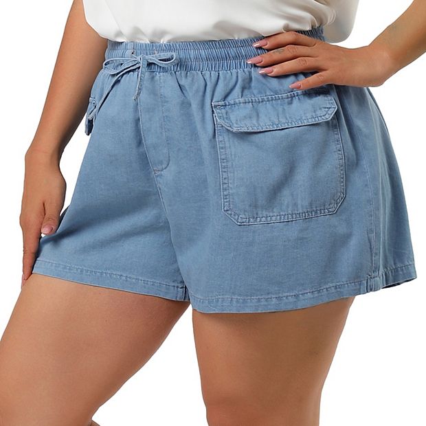 Agnes Orinda Plus Size Women Summer Denim Drawstring Elastic Waist Pockets Loose Jeans Short Light Blue 3X