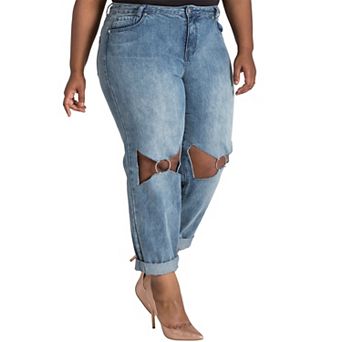 Plus Size Women's Curvy Fit O-Ring Knee Cut-Out Boyfriend Jeans