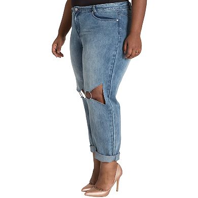 Plus Size Zane Curvy Fit O-Ring Knee Cut-Out Boyfriend Jeans