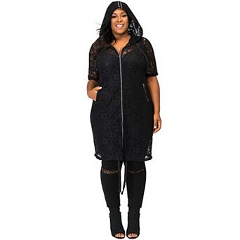 Plus Size Kenny Sheer Lace Zip Up Short Sleeve Hoodie Jacket with Athletic Stripe