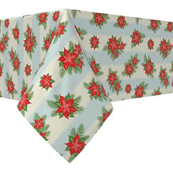 Rectangular Tablecloth, 100% Cotton, 52x104", Poinsettias with Striped Background