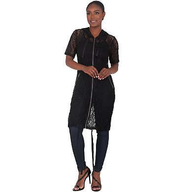 Kenny Sheer Lace Zip Up Short Sleeve Hoodie Jacket with Athletic Stripe