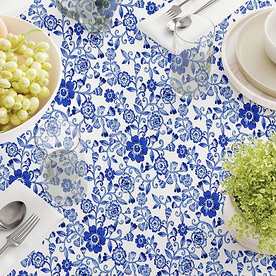 Round Tablecloth, 100% Polyester, 90" Round, Watercolor Flowers on Vines Blue