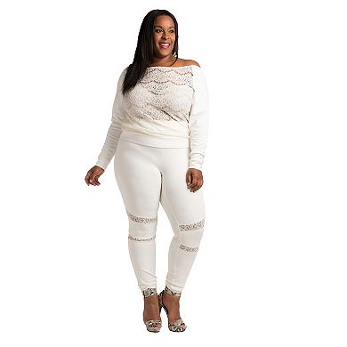 Plus Size Women's Curvy Fit Lace Boatneck Pullover With Ponte Sleeves