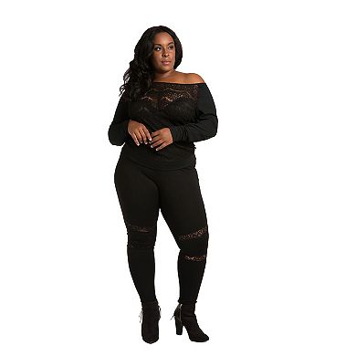 Plus Size Women's Curvy Fit Lace Boatneck Pullover With Ponte Sleeves