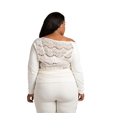 Plus Size Women's Curvy Fit Lace Boatneck Pullover With Ponte Sleeves