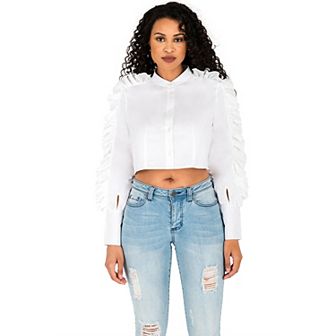 Women's Curvy Fit Poplin Button Front Skimmer Blouse Chiffon Ruffle