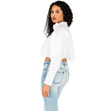 Mayasia Poplin Button Front Skimmer Blouse Chiffon Ruffle