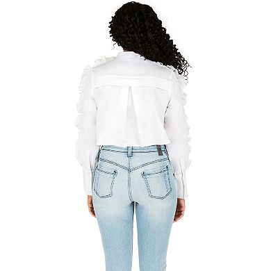 Mayasia Poplin Button Front Skimmer Blouse Chiffon Ruffle