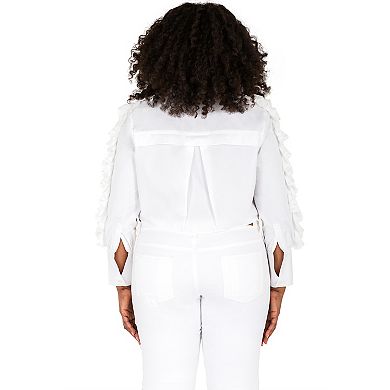 Plus Size Women's Curvy Fit Ruffled Poplin Button-up Shirts