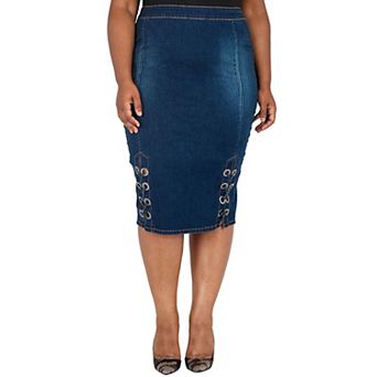 Plus Size Eula High Waist Denim Pencil Skirt Lace Up Double Split And Exposed Back Zipper