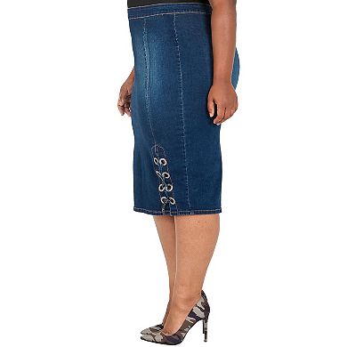 Plus Size Eula High Waist Denim Pencil Skirt Lace Up Double Split And Exposed Back Zipper