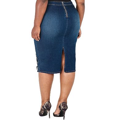 Plus Size Eula High Waist Denim Pencil Skirt Lace Up Double Split And Exposed Back Zipper