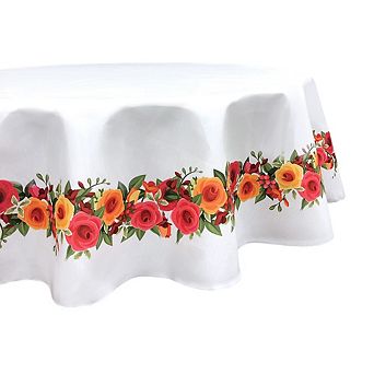 Round Tablecloth, 100% Polyester, 90" Round, Red and Yellow Roses Garland