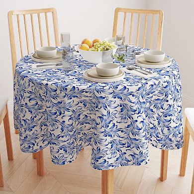 Round Tablecloth, 100% Polyester, 90" Round, Blue Traditional Leaves