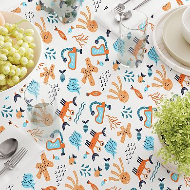 Rectangular Tablecloth, 100% Cotton, 52x84", Hand Drawn Marine Life