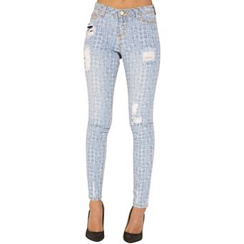 Madison Curvy Fit Destroyed Herringbone Printed Mid Rise Skinny Jeans