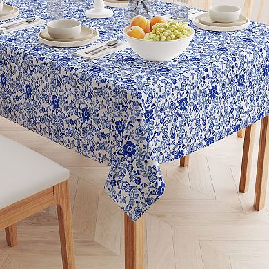 Square Tablecloth, 100% Cotton, 52x52", Watercolor Flowers on Vines Blue