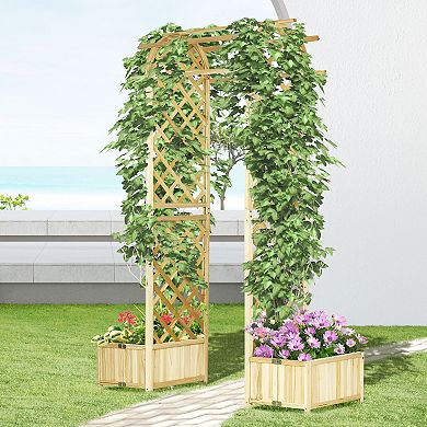 Outsunny 7.5' Garden Arch Trellis with Planter Box Outdoor Arbor, Natural