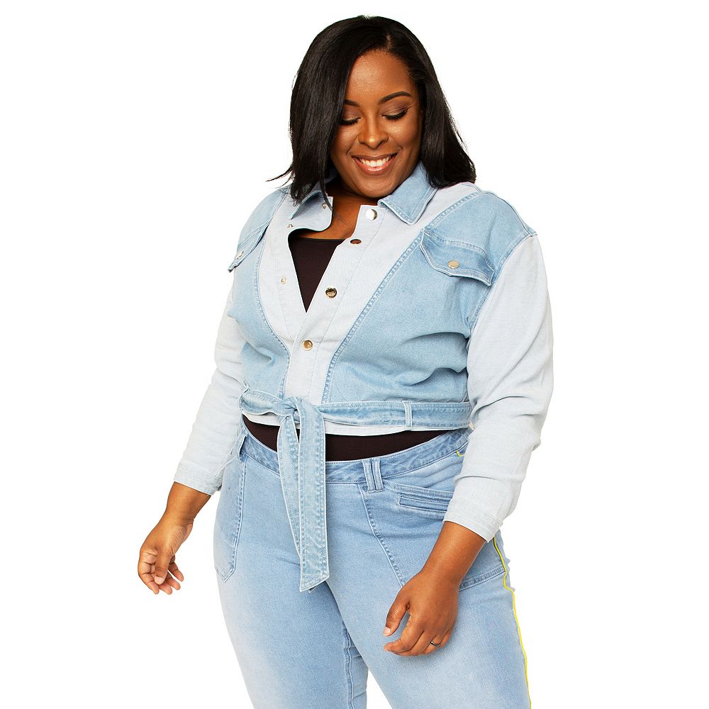 Plus Size Women's Curvy Fit Belted Dual Shade Denim Cocoon Trucker