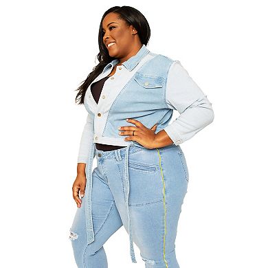 Plus Size Women's Curvy Fit Belted Dual Shade Denim Cocoon Trucker Jacket