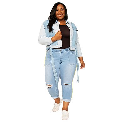Plus Size Women's Curvy Fit Belted Dual Shade Denim Cocoon Trucker Jacket