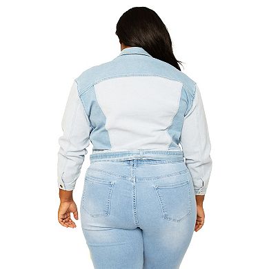 Plus Size Women's Curvy Fit Belted Dual Shade Denim Cocoon Trucker Jacket