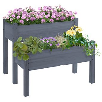 Outsunny 34" x 34" x 28" Raised Garden Bed 2 tier Wooden Planter Box for Backyard, Patio to Grow Vegetables, Herbs and Flowers, Gray