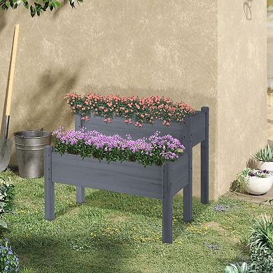 Outsunny 34" x 34" x 28" Raised Garden Bed 2-Tier Wooden Planter Box for Backyard, Patio to Grow Vegetables, Herbs and Flowers, Gray