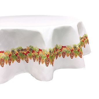 Round Tablecloth, 100% Polyester, 70" Round, Hanging Pinecones Garland