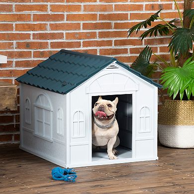 PawHut Plastic Dog House, Water Resistant Puppy Shelter Indoor Outdoor with Door, Easy to Assemble, for Medium and Small Dogs, Blue
