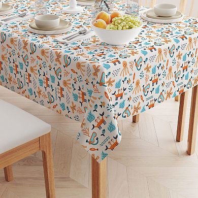Rectangular Tablecloth, 100% Polyester, 60x104", Hand Drawn Marine Life