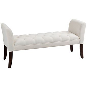 HOMCOM End of Bed Bench with Button Tufted Design, Upholstered Bench with Arms and Solid Wood Legs for Bedroom, Cream White