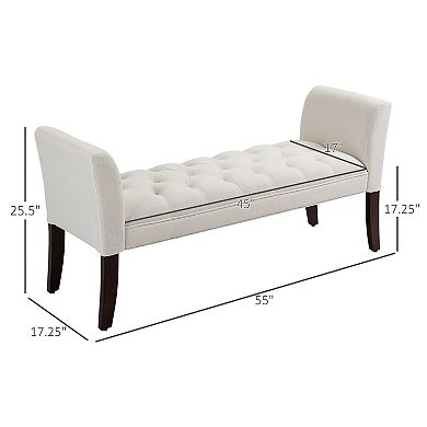 HOMCOM End of Bed Bench with Button Tufted Design, Upholstered Bench with Arms and Solid Wood Legs for Bedroom, Cream White