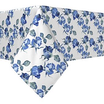 Rectangular Tablecloth, 100% Cotton, 60x84", Blue Watercolor Roses