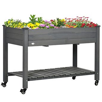 Outsunny 47" x 21" Raised Garden Bed, Elevated Wooden Planter Box w/ Lockable Wheels, Storage Shelf, and Bed Liner for Backyard, Patio, Dark Gray