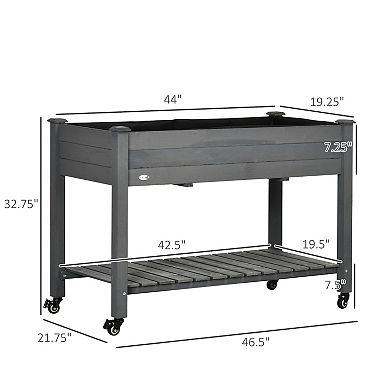 Outsunny 47" x 21" Raised Garden Bed, Elevated Wooden Planter Box w/ Lockable Wheels, Storage Shelf, and Bed Liner for Backyard, Patio, Dark Gray