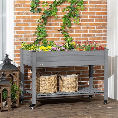 Outsunny 47" x 21" Raised Garden Bed, Elevated Wooden Planter Box w/ Lockable Wheels, Storage Shelf, and Bed Liner for Backyard, Patio, Dark Gray