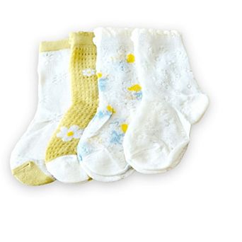 Girls' Set of 4 Yellow Floral Scalloped Socks