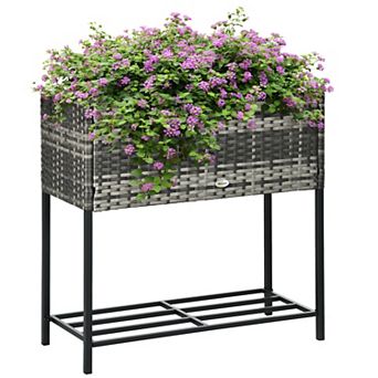 Outsunny Raised Garden Bed Rattan Planter with Storage Shelf, Gray