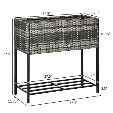Outsunny Raised Garden Bed Rattan Planter with Storage Shelf, Gray
