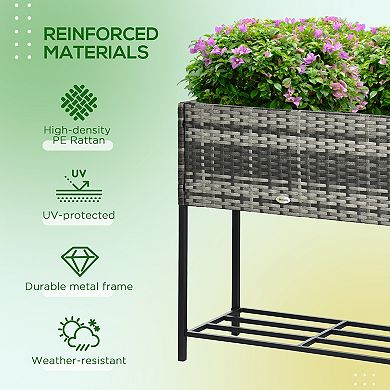 Outsunny Raised Garden Bed Rattan Planter with Storage Shelf, Gray