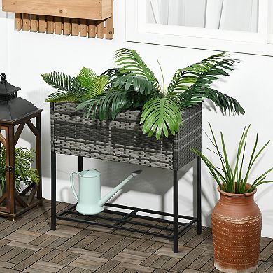 Outsunny Raised Garden Bed Rattan Planter with Storage Shelf, Gray
