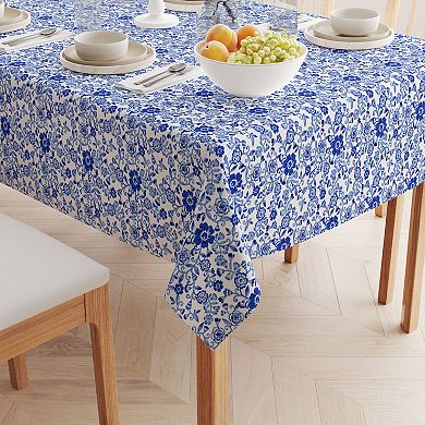 Rectangular Tablecloth, 100% Polyester, 60x84", Watercolor Flowers on Vines Blue