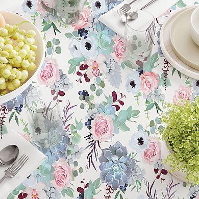Round Tablecloth, 100% Polyester, 90" Round, Pink Roses & Succulents