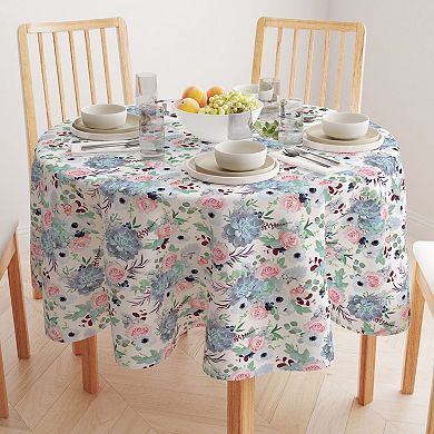 Round Tablecloth, 100% Polyester, 90" Round, Pink Roses & Succulents